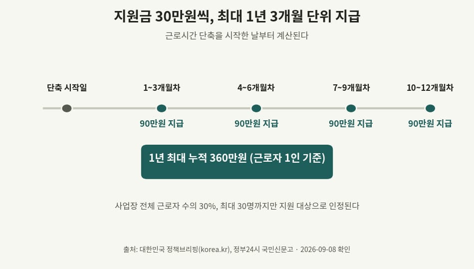 육아기 10시 출근제 지원금 30만원씩 최대 1년 3개월 단위 지급 타임라인 이미지