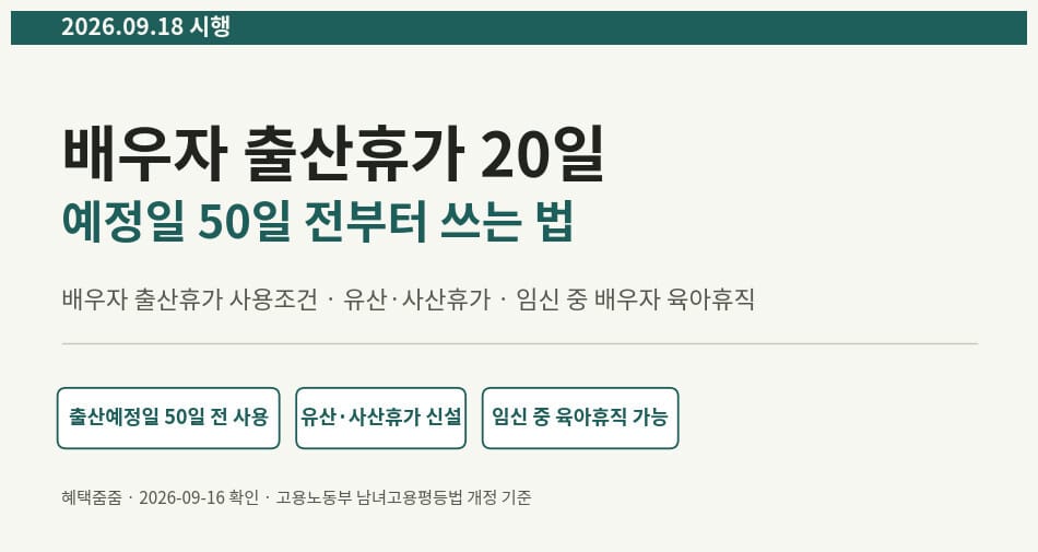 배우자 출산휴가 사용조건이 2026년 9월 18일부터 출산예정일 50일 전으로 확대되는 것을 보여주는 대표 이미지