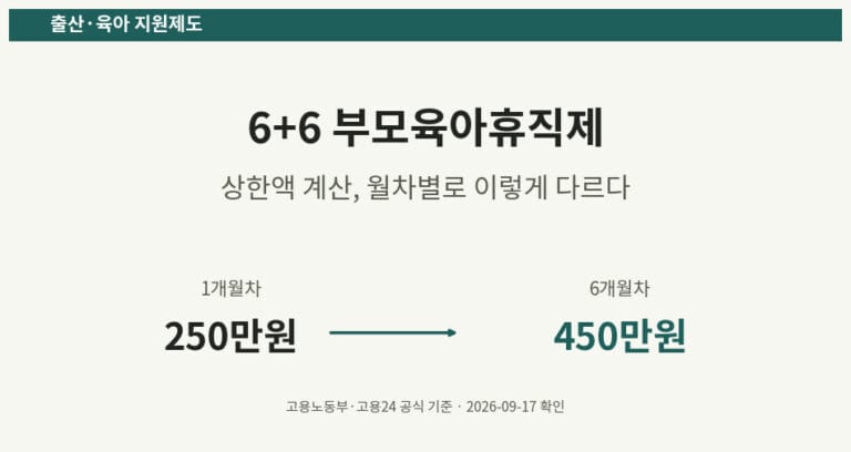 6+6 부모육아휴직제 상한액 계산표, 1개월차 250만원부터 6개월차 450만원까지 월차별 금액을 보여주는 대표 이미지