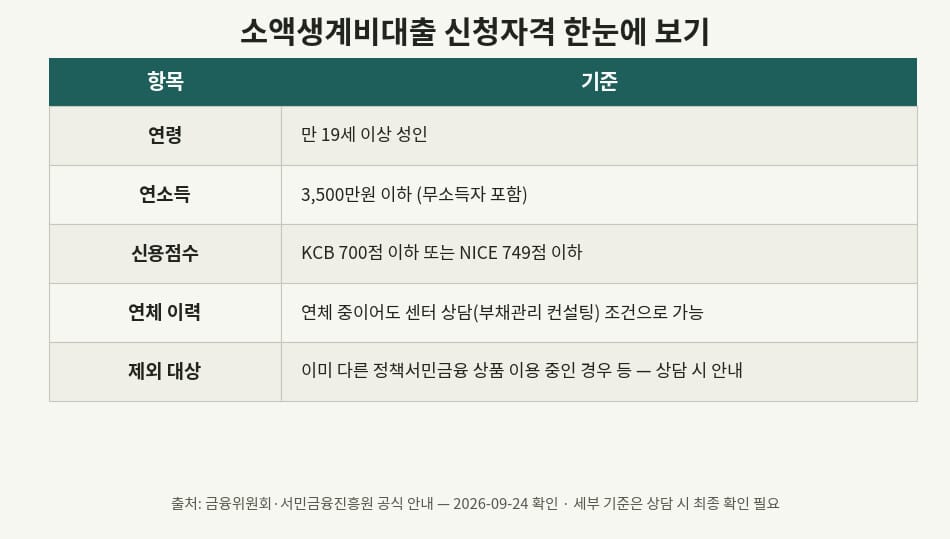 소액생계비대출 신청자격 조건을 정리한 표